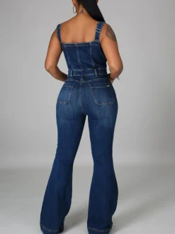 Button-Up Flared Denim Jumpsuit