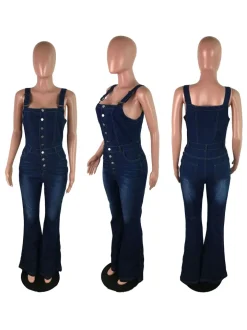 Button-Up Flared Denim Jumpsuit