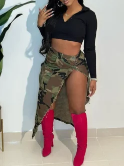 Camouflage Utility Pockets Split Skirt