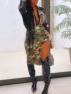 Camouflage Zipper Utility Pockets Split Skirt