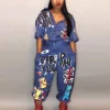 Cartoon Letter Print Button Loose Jumpsuit