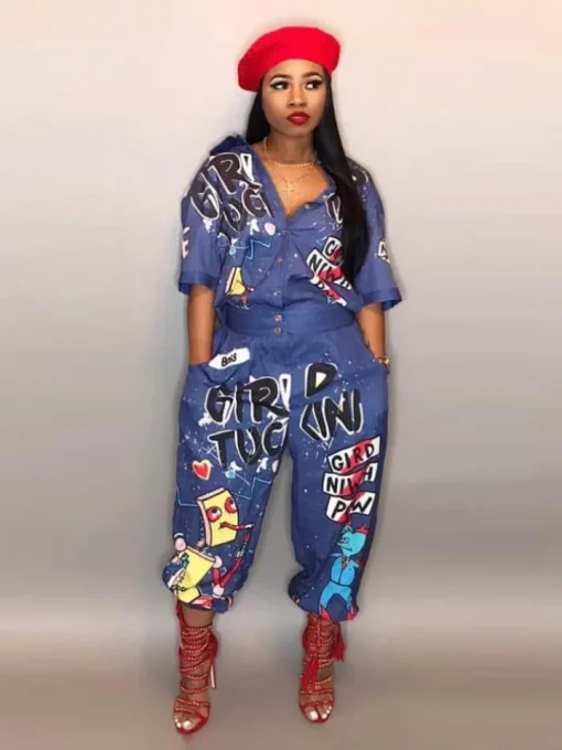 Cartoon Letter Print Button Loose Jumpsuit