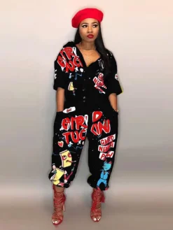 Cartoon Letter Print Button Loose Jumpsuit