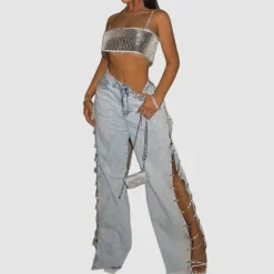 Chain Embellished Hollow-out Jeans