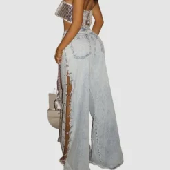 Chain Embellished Hollow-out Jeans