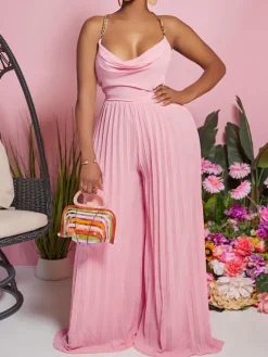 Chain Halter Backless Pleated Jumpsuit