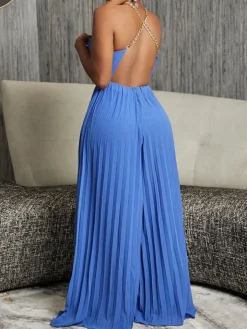 Chain Halter Backless Pleated Jumpsuit