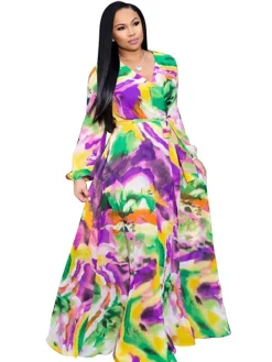 Chiffon Floral Printed V Neck Wrap Boho Maxi Dress