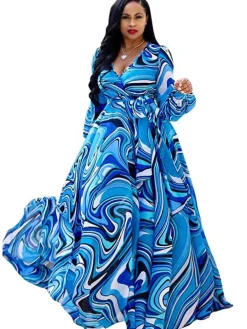 Chiffon Floral Printed V Neck Wrap Boho Maxi Dress