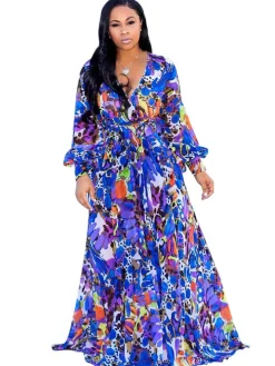 Chiffon Floral Printed V Neck Wrap Boho Maxi Dress