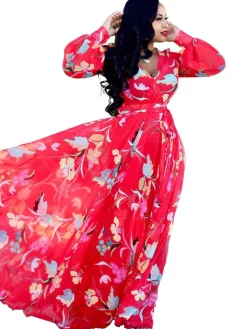 Chiffon Floral Printed V Neck Wrap Boho Maxi Dress