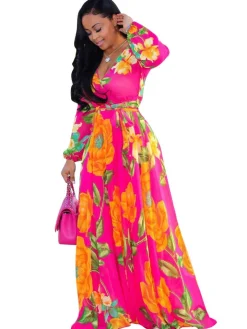 Chiffon Floral Printed V Neck Wrap Boho Maxi Dress