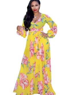 Chiffon Floral Printed V Neck Wrap Boho Maxi Dress