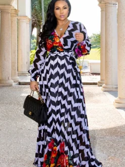 Chiffon Floral Printed V Neck Wrap Boho Maxi Dress