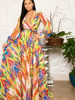 Chiffon Floral Printed V Neck Wrap Boho Maxi Dress