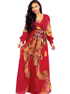 Chiffon Floral Printed V Neck Wrap Boho Maxi Dress