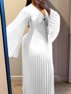 Chiffon V-Neck Pleated Maxi Dress