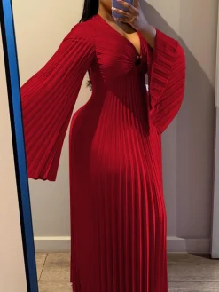 Chiffon V-Neck Pleated Maxi Dress