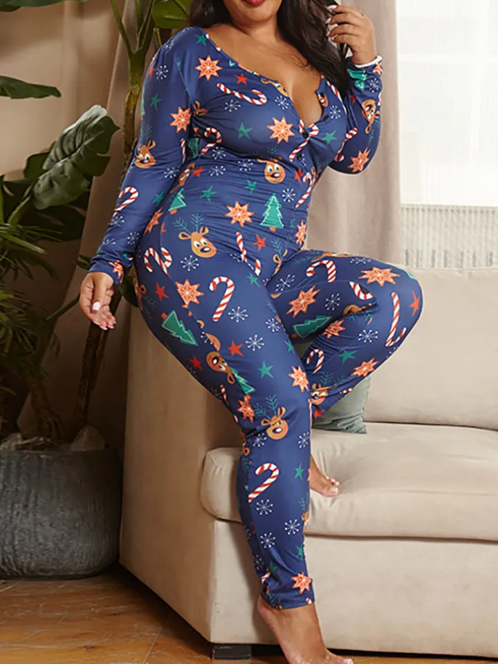 Christmas Print Long Sleeve Jumpsuit