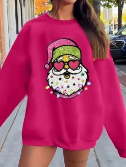 Christmas Santa Print Solid Color Sweatshirt