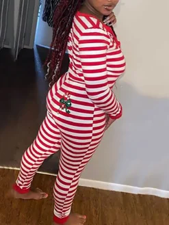 Christmas Striped Print Long Sleeve Jumpsuit