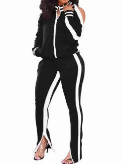 Cold Shoulder Zip-Up Pants Sets