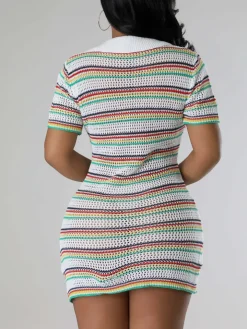Collared Knit Striped Dress with Pearl Buttons