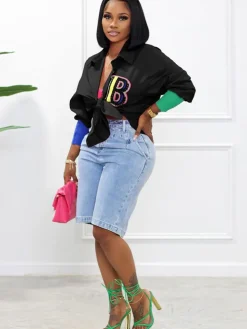 Color Block Letter Embroidery Button Down Shirts