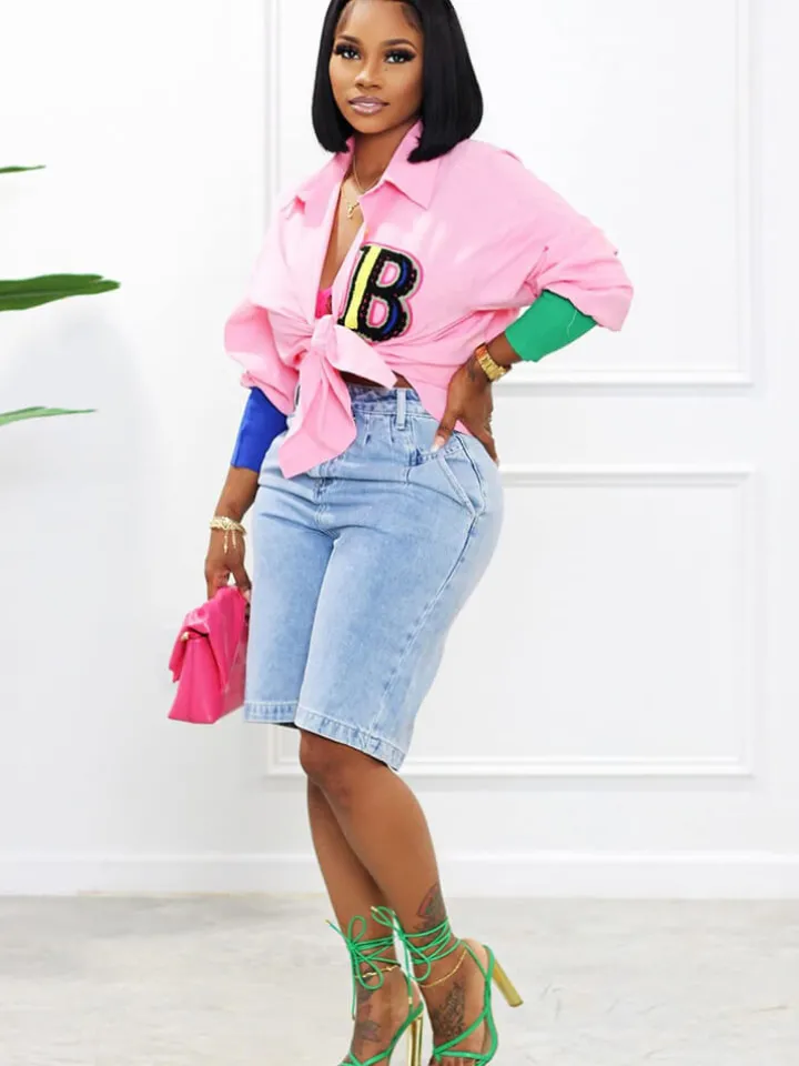 Color Block Letter Embroidery Button Down Shirts