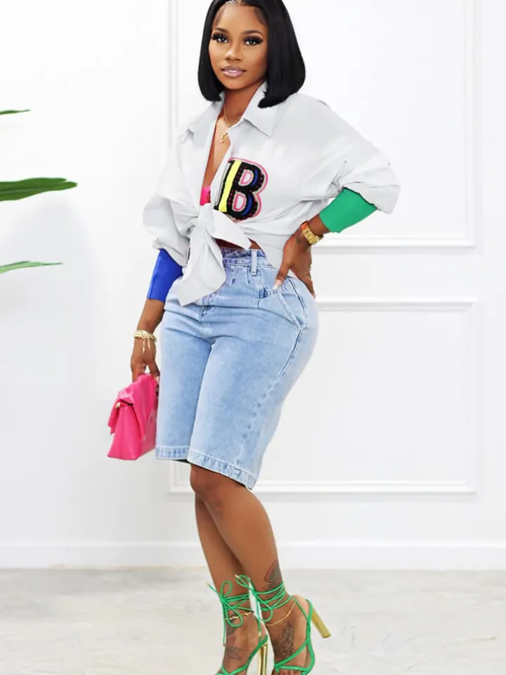 Color Block Letter Embroidery Button Down Shirts