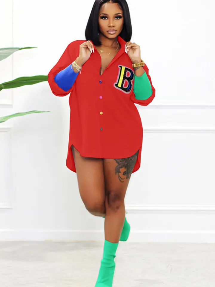 Color Block Letter Embroidery Button Down Shirts