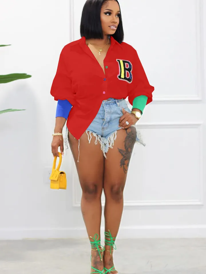 Color Block Letter Embroidery Button Down Shirts