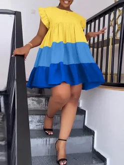 Color Block Ruffle Sleeve Swing Loose Dress