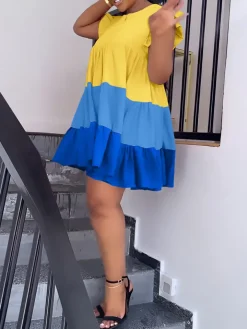 Color Block Ruffle Sleeve Swing Loose Dress