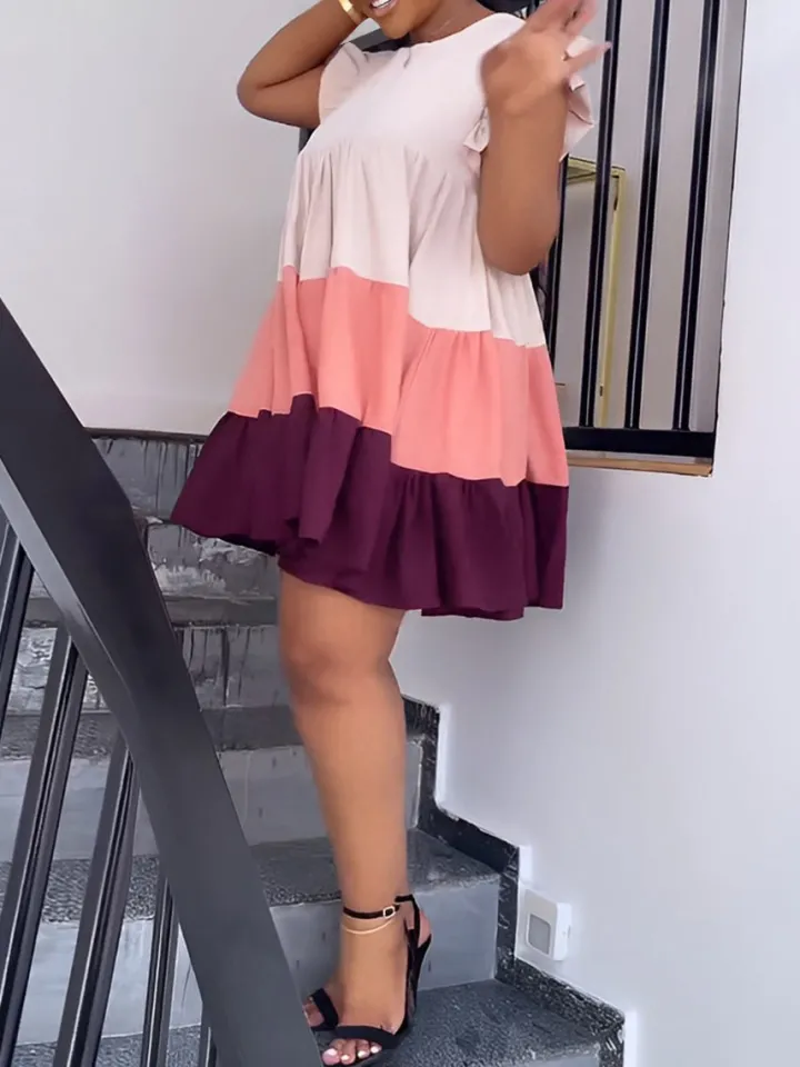 Color Block Ruffle Sleeve Swing Loose Dress