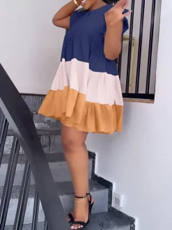 Color Block Ruffle Sleeve Swing Loose Dress