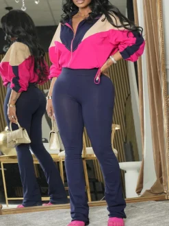 Color Block Zipper Jacket and Pants Set