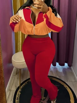 Color Block Zipper Jacket and Pants Set