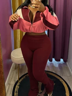 Color Block Zipper Jacket and Pants Set
