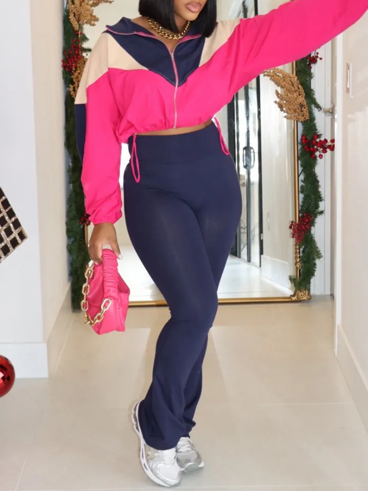 Color Block Zipper Jacket and Pants Set