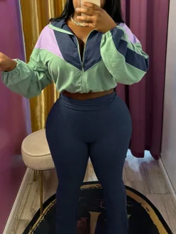 Color Block Zipper Jacket and Pants Set