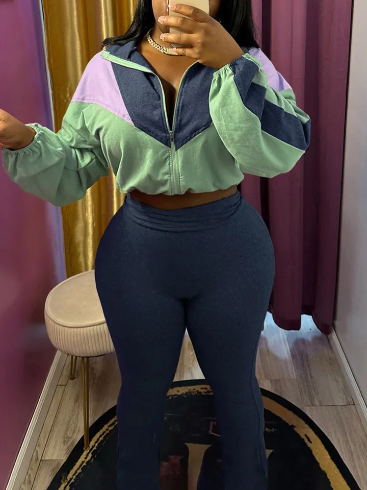Color Block Zipper Jacket and Pants Set