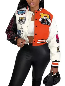 Colorblock Letter Print Baseball Jacket