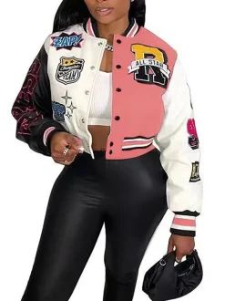 Colorblock Letter Print Baseball Jacket