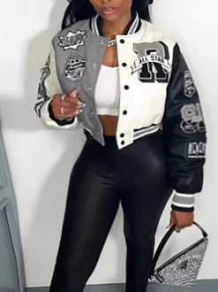 Colorblock Letter Print Baseball Jacket