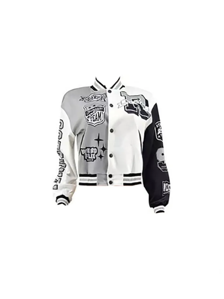Colorblock Letter Print Baseball Jacket