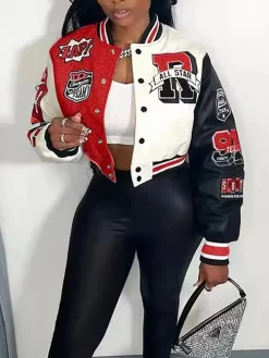 Colorblock Letter Print Baseball Jacket