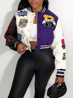 Colorblock Letter Print Baseball Jacket