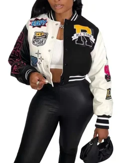 Colorblock Letter Print Baseball Jacket