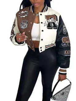 Colorblock Letter Print Baseball Jacket